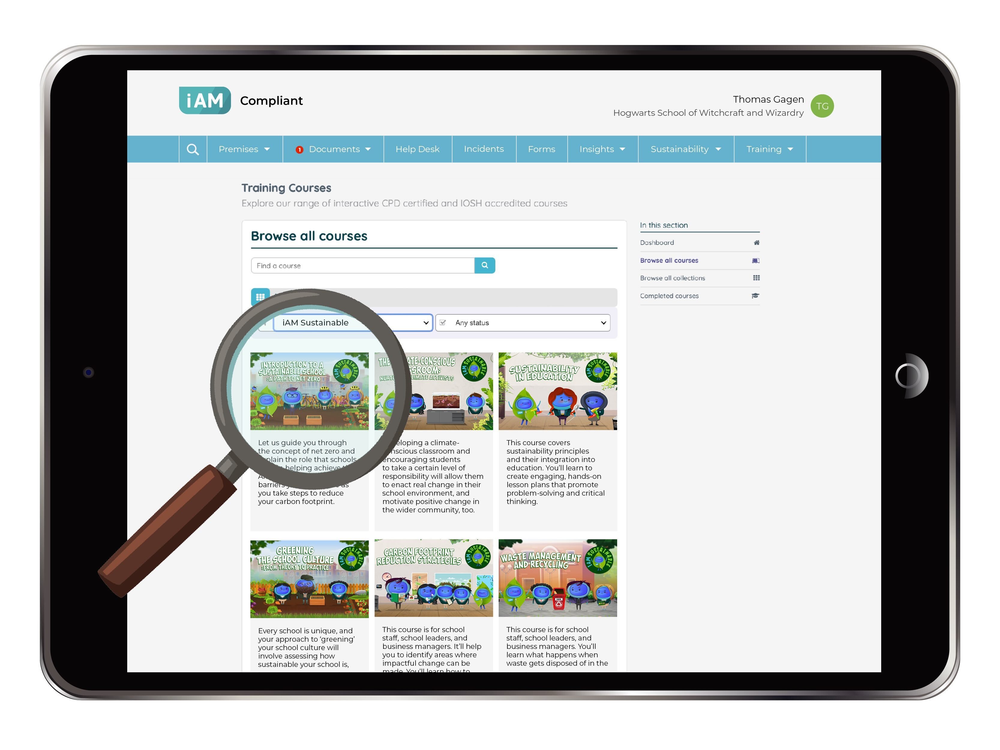 Sustainability LMS Screenshots With Magnifying Glass