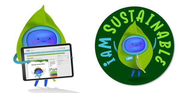 A cartoon of the iAM Sustainable logo and character.