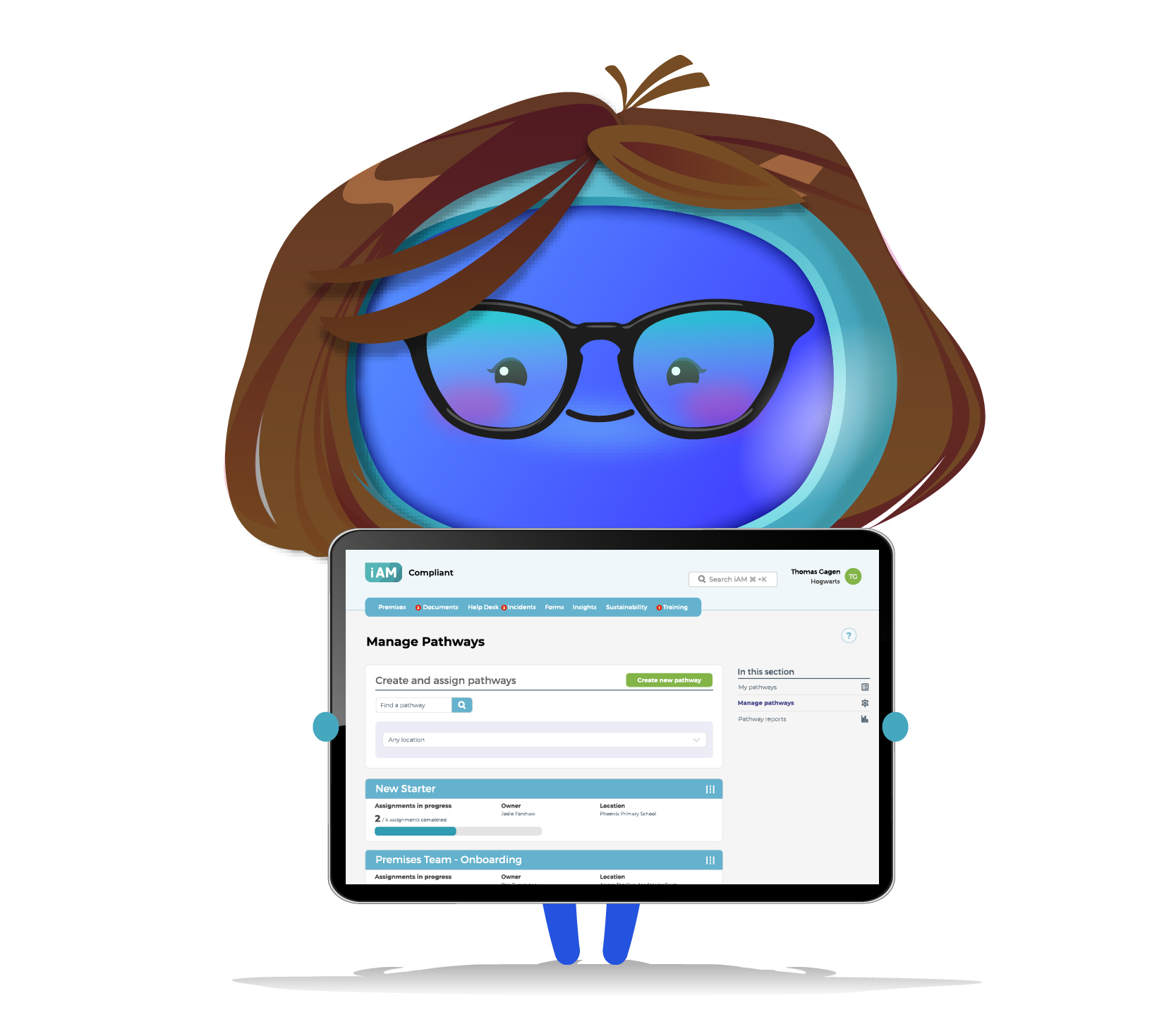 Teacher Holding iPad with LMS Pathways on screen