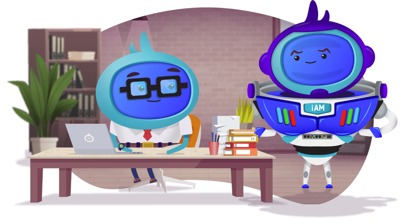 iAM at desk with another iAM dressed as Buzz light year