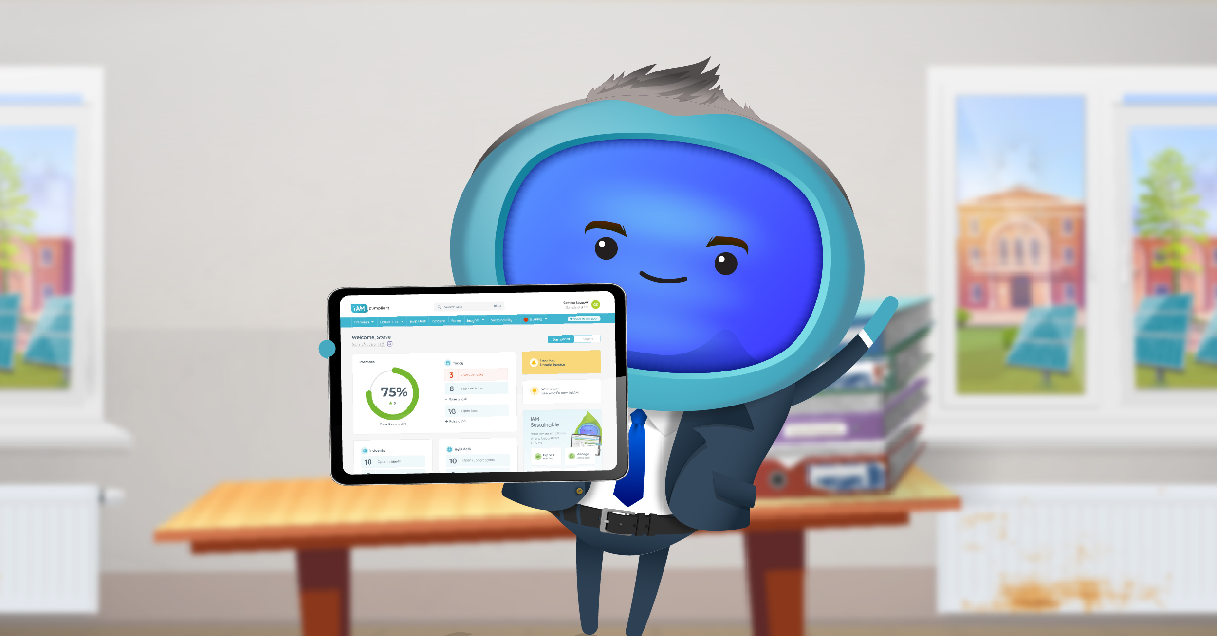 Sam Luker, the Chief Operating Officer at Trinitas Academy Trust as an iAM Compliant avatar, proudly showing the system.